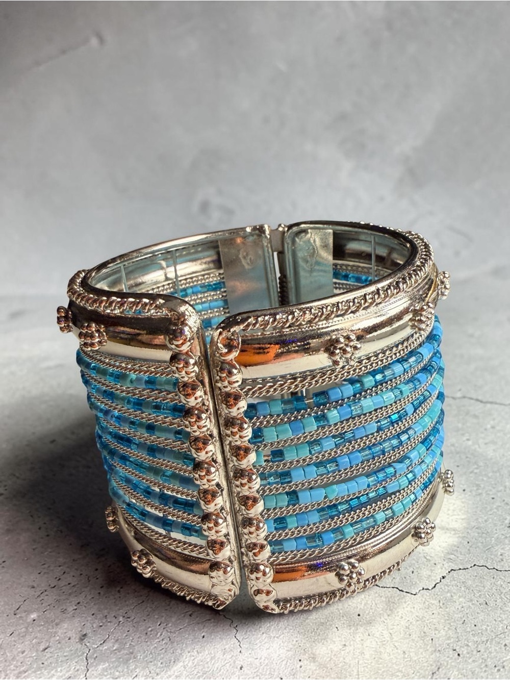Silver-Tone Cuff Bracelet with Blue Beaded Strands - Picture 2 of 4